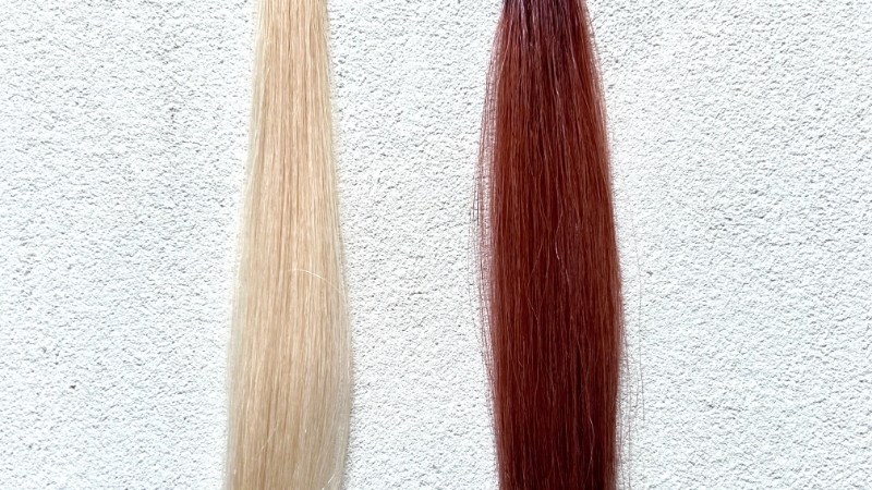 クレオディーテクリアリーカラースモーキーピンクの染毛効果を検証した毛束