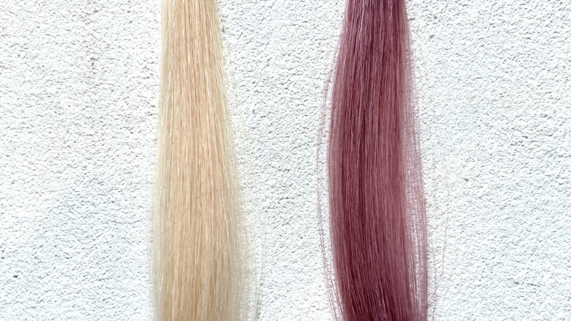 サイオスカラージェニックミルキーヘアカラークリスタルピンクの染毛効果を検証した毛束