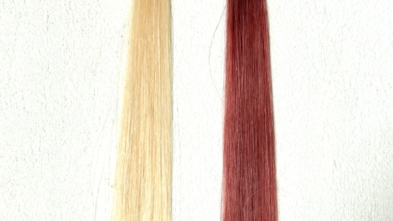 クオルシアカラー（カーディナルレッド7）で染毛効果を検証した毛束