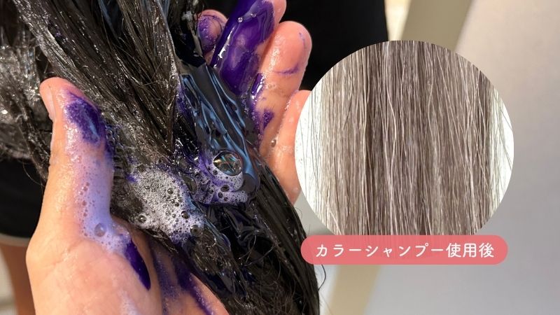 クオルシアカラーシャンプー紫と使用後の毛束