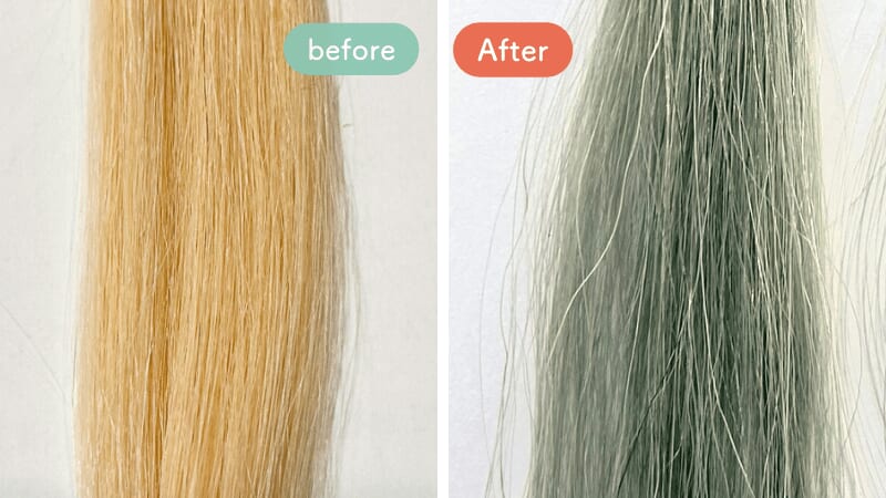 利尻炭酸カラーシャンプーの染毛効果を検証する前後の毛束