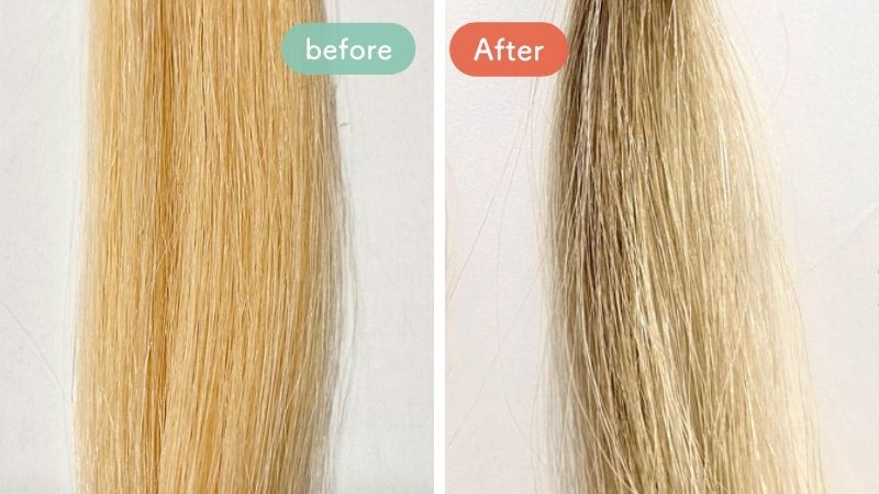 利尻炭酸カラーシャンプーの染毛効果を検証する前後の毛束