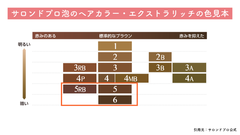 サロンドプロ泡のヘアカラー・エクストラリッチダークブラウン系の色見本