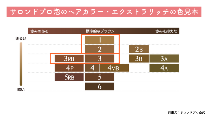 サロンドプロ泡のヘアカラー・エクストラリッチ明るいブラウン系の色見本