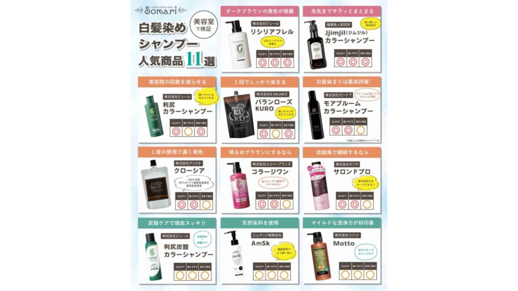 人気白髪染めシャンプーのうち、白髪染め専門美容室ソマリと長崎弘幸が検証した結果高評価だった白髪染めシャンプー11選とその評価